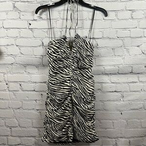 Aqua Zebra Print Draped Halter Mini Dress Tie Neck Lined Hook & Eye Top XS NWT